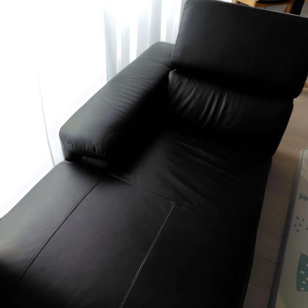 【直接引取】黒　牛本革　合成皮革 3人掛けカウチソファ　ヘッドレスト付