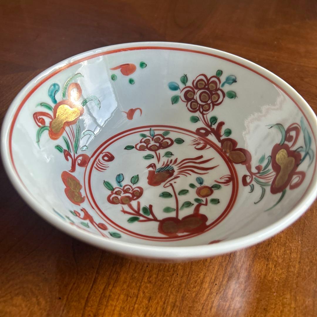 120◆九谷焼　呉須赤絵　中鉢　花鳥画　赤絵鉢18cm