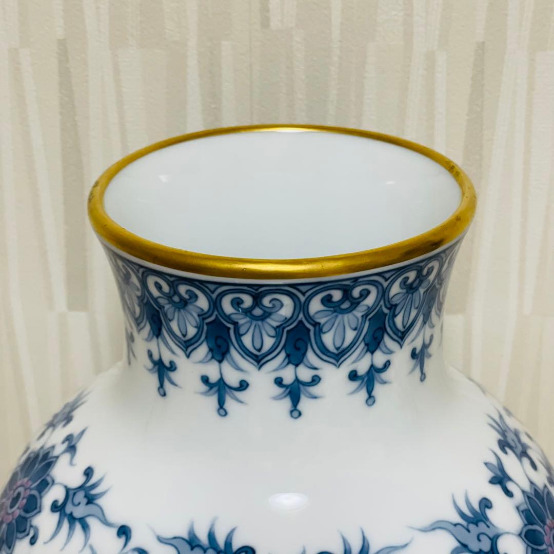 大型 大倉陶園 呉須唐草 花瓶 花器 フラワーベース 壺 36cm