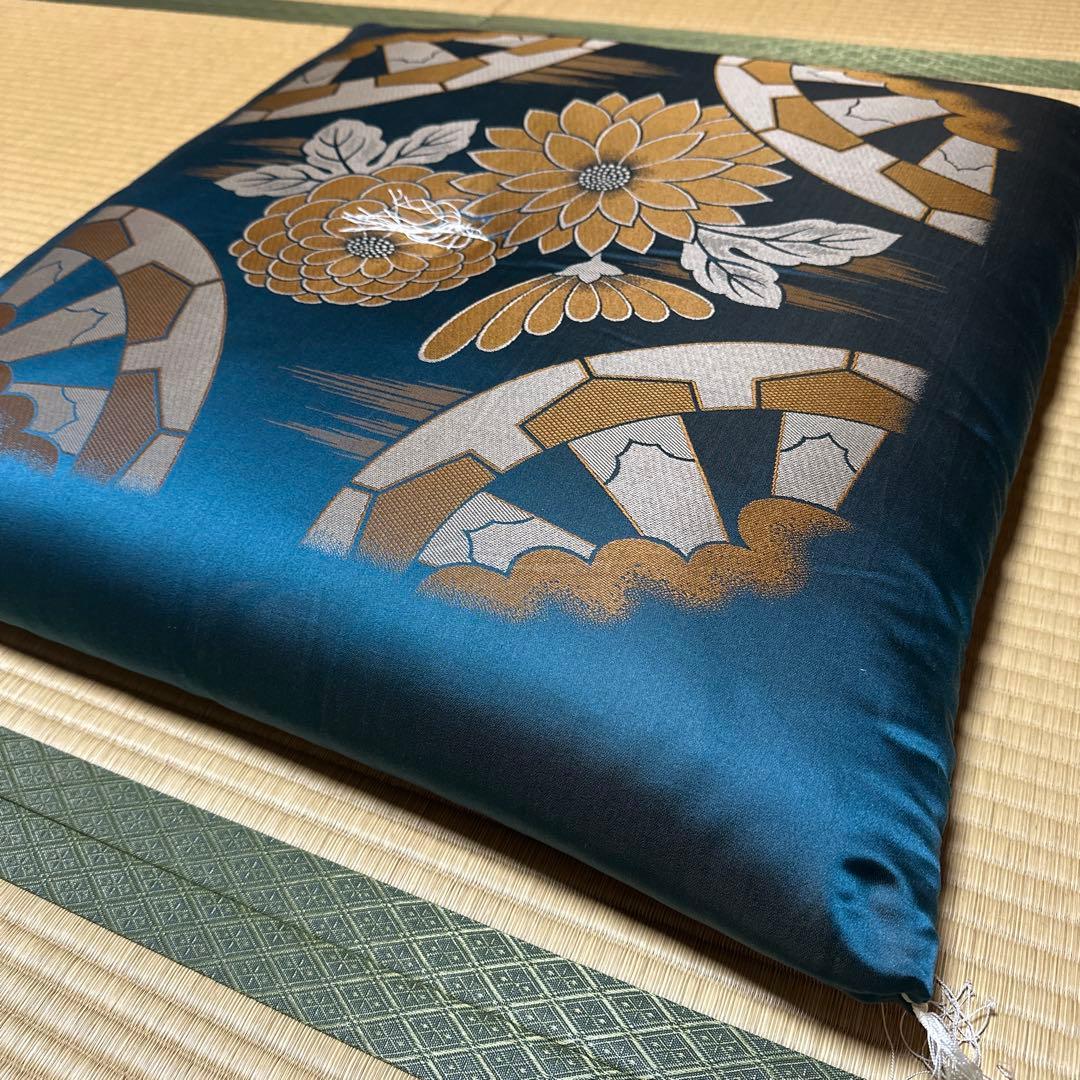婚礼用 来客用座布団 ダークブルー ゴールド 絹 シルク 5枚セット