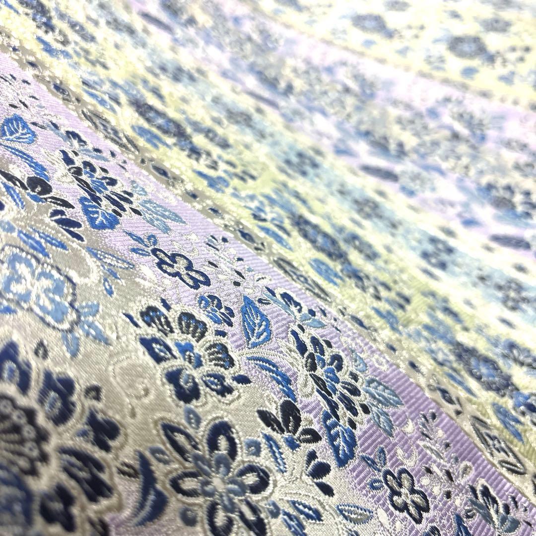 新品未使用品　正絹 西陣織 【2400織 藍染 横軸 花々】
