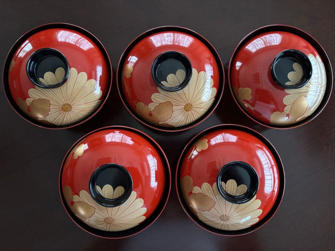 輪島塗 白水 菊紋様塗り椀 5客 アンティーク