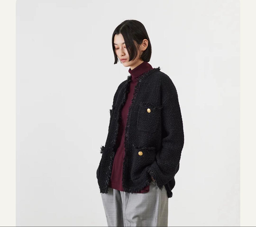 ADAWAS｜定価3.5万 フリンジ ツイードニットジャケット ブラック　金釦