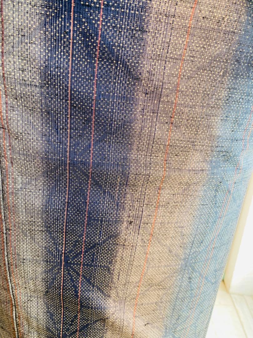 高級 石毛結城紬 正絹 麻の葉 かつお縞