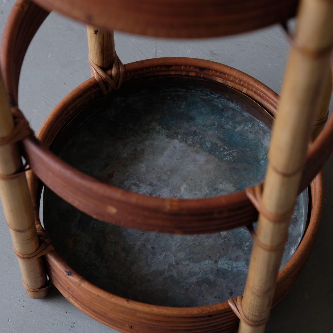 竹とラタンの円柱型傘立て　アンブレラスタンド 古家具 古道具 昭和レトロ