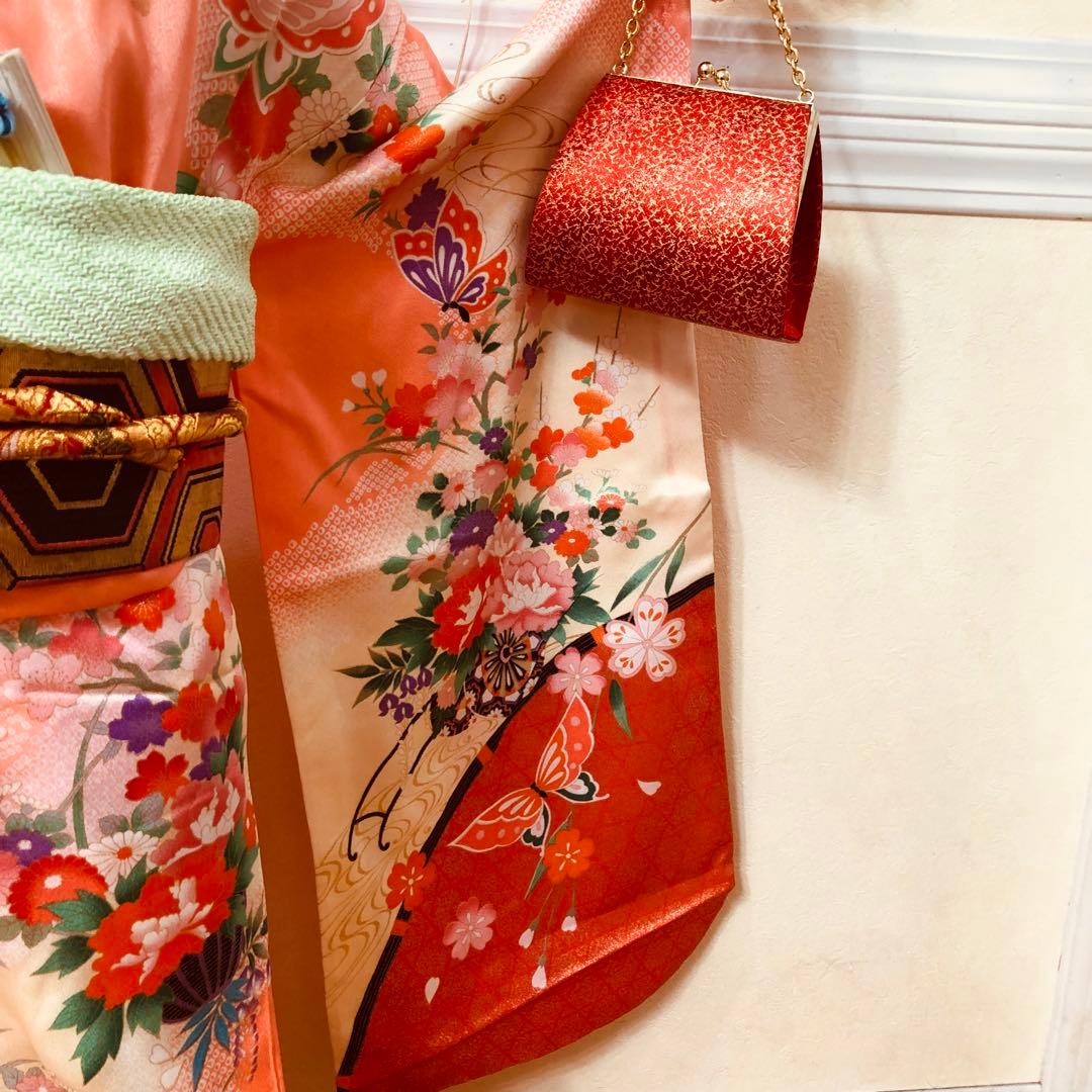 七五三 七歳‼️豪華正絹オレンジ系‼️蝶々花桜菊金彩煌びやか‼️安心フルセット