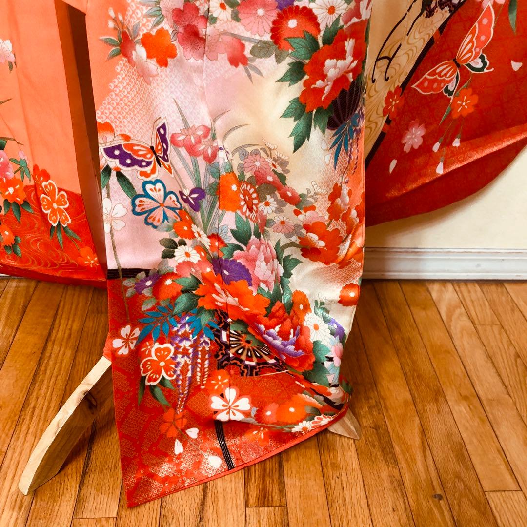 七五三 七歳‼️豪華正絹オレンジ系‼️蝶々花桜菊金彩煌びやか‼️安心フルセット