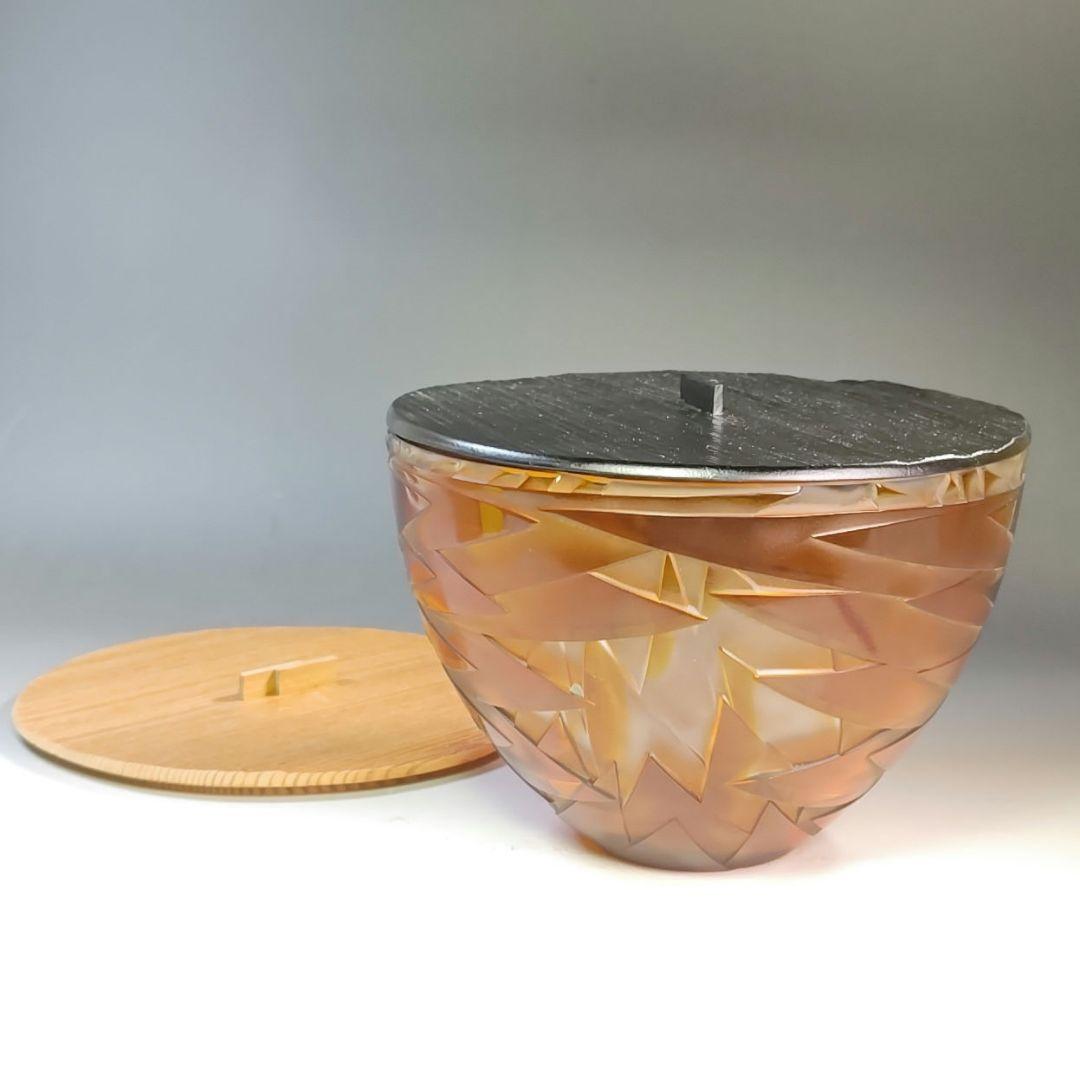 イ951 水指『硝子　ガラス　作家物　鳥文切子　水指　替蓋付』茶道具