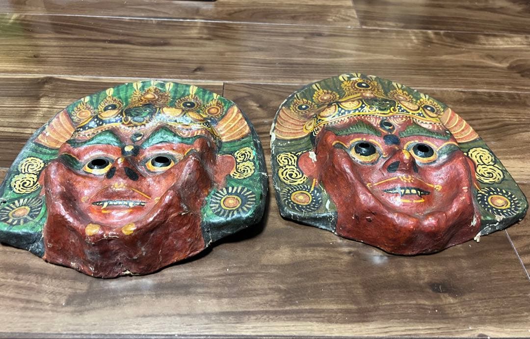 ネパール 民族仮面 ヴィンテージ風 お面 2点セット 壁掛け