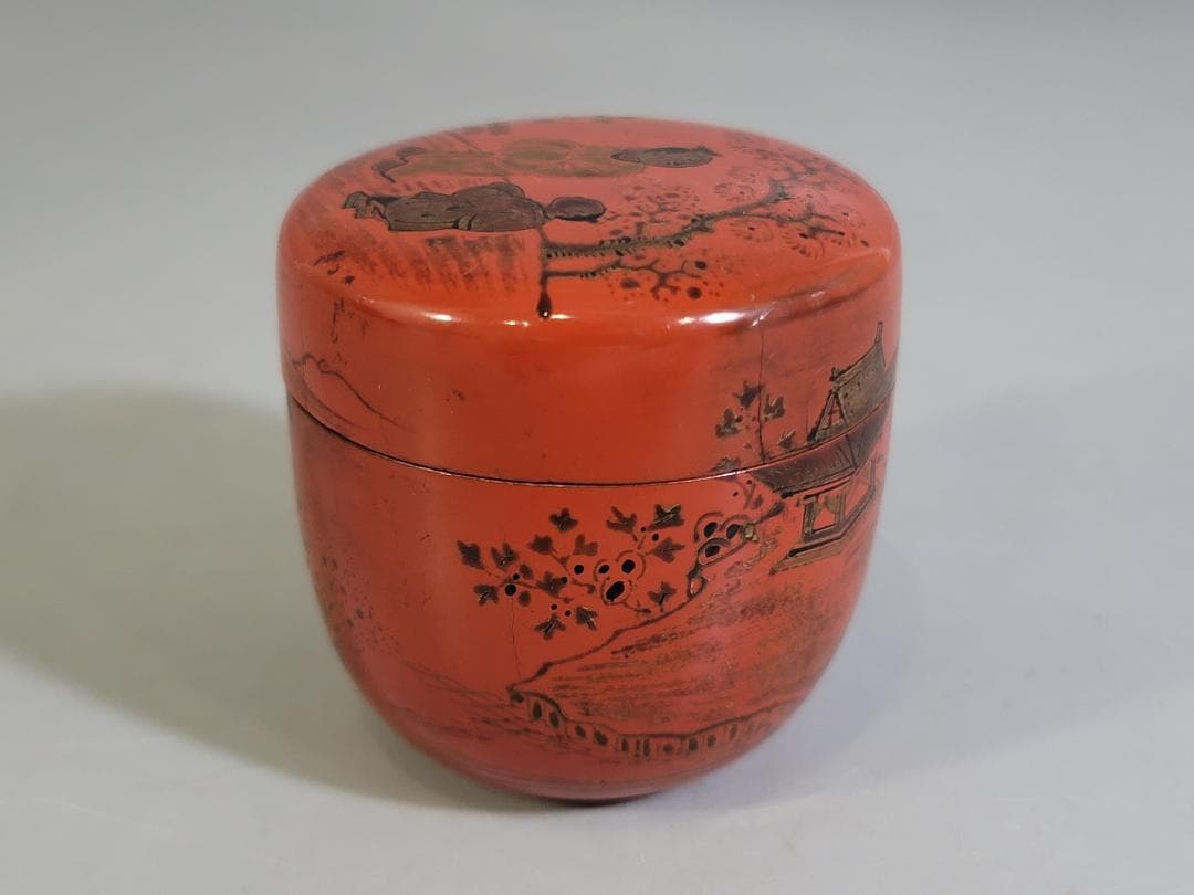 中国 朱塗 人物紋 時代棗 仕服 茶道具 DT612