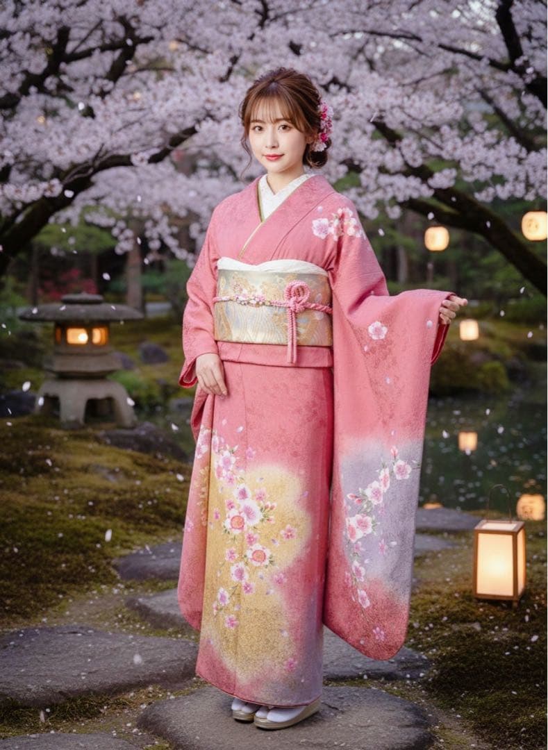 美品正絹振袖　帯締め　大輪桜　ピンク　上品なデザイン　トールサイズ