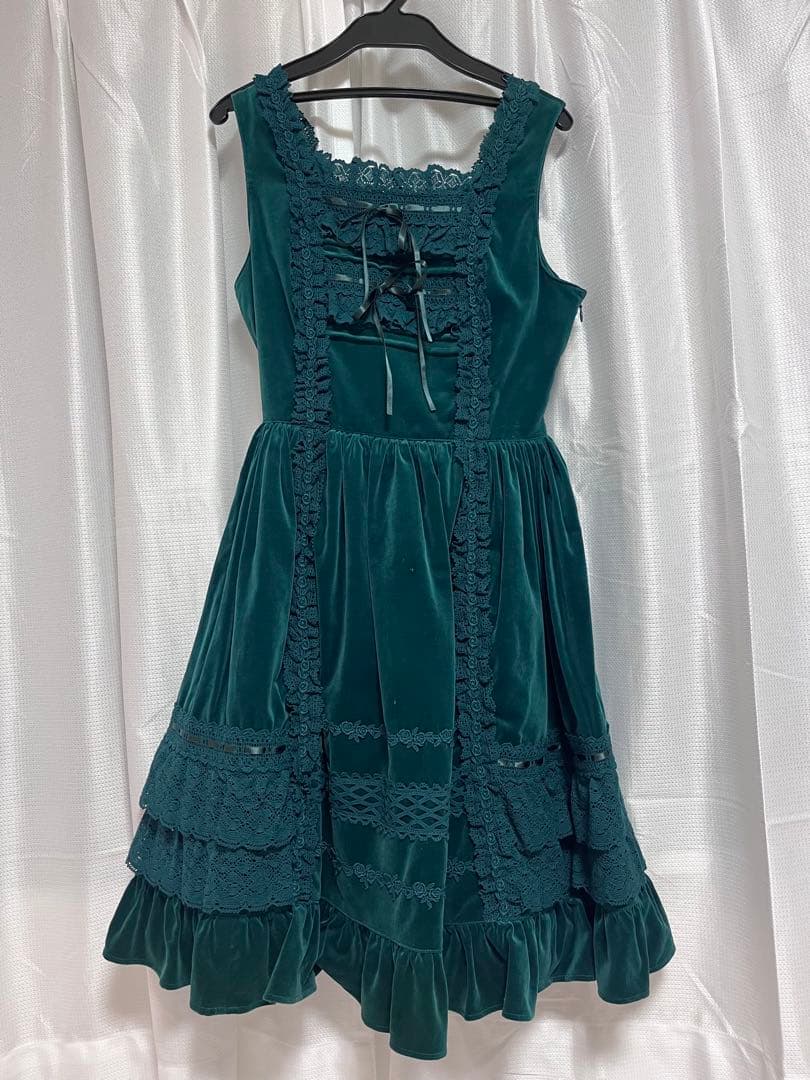 別珍レースフリルジャンパースカート(グリーン)