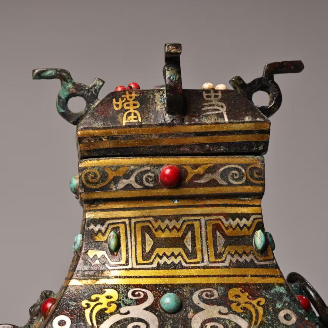 中国古美術 珍蔵 錯金銀 宝石嵌 青銅方花瓶 純青銅製 風水開運 文房置物