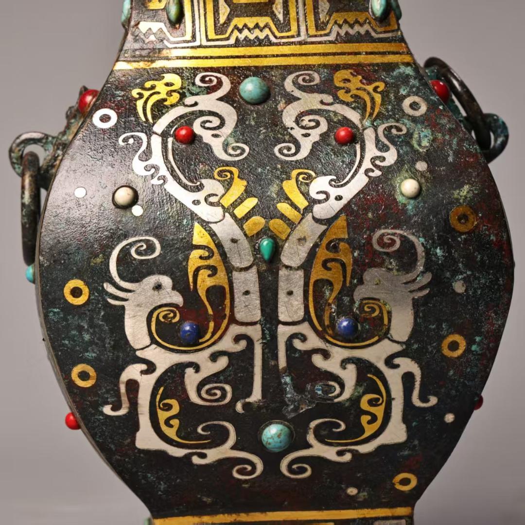 中国古美術 珍蔵 錯金銀 宝石嵌 青銅方花瓶 純青銅製 風水開運 文房置物