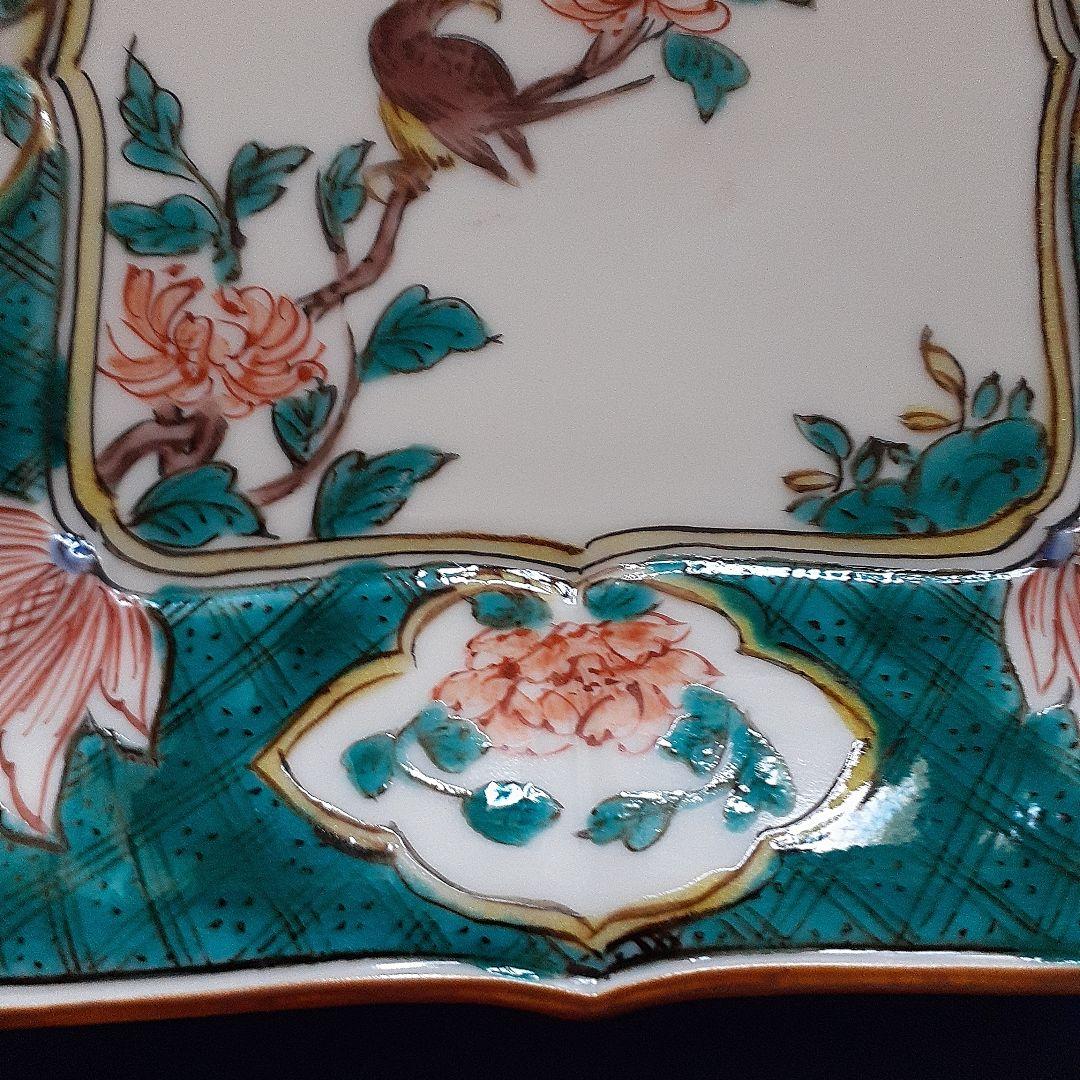 古九谷色絵牡丹蝶々鳥図角皿5客