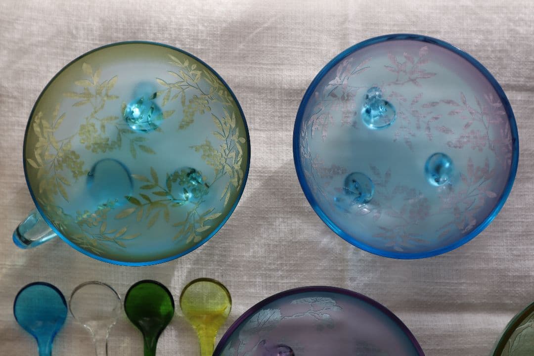 北一硝子　デザート椀セット 花柄 4個 スプーン付　ガラスボウル