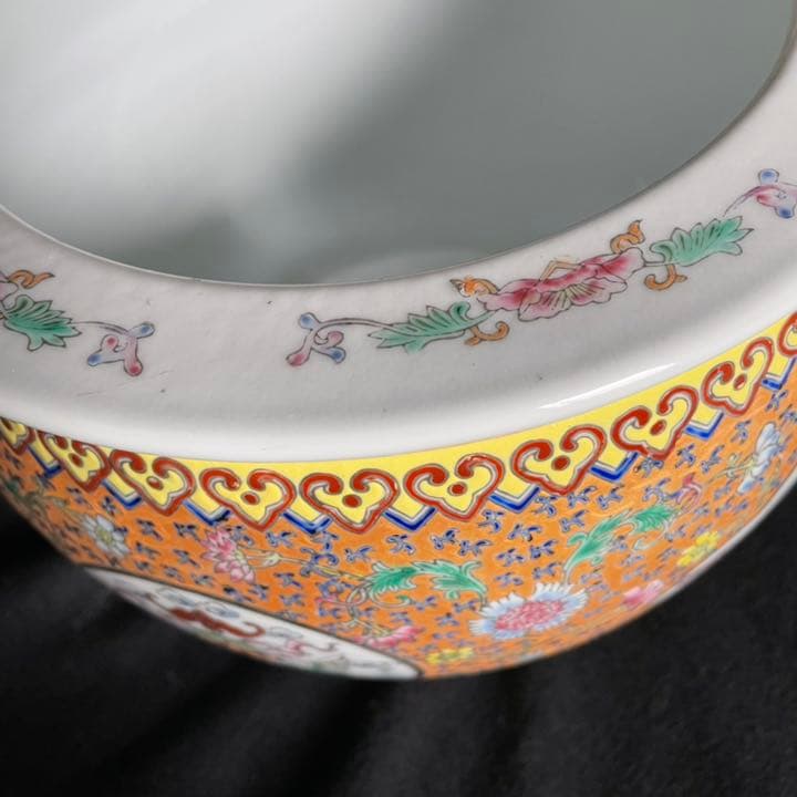 景徳鎮　鉢　百寿　百福　吉祥　手描き　粉彩　蝙蝠　鶴　中国　火鉢　陶器　焼物　書