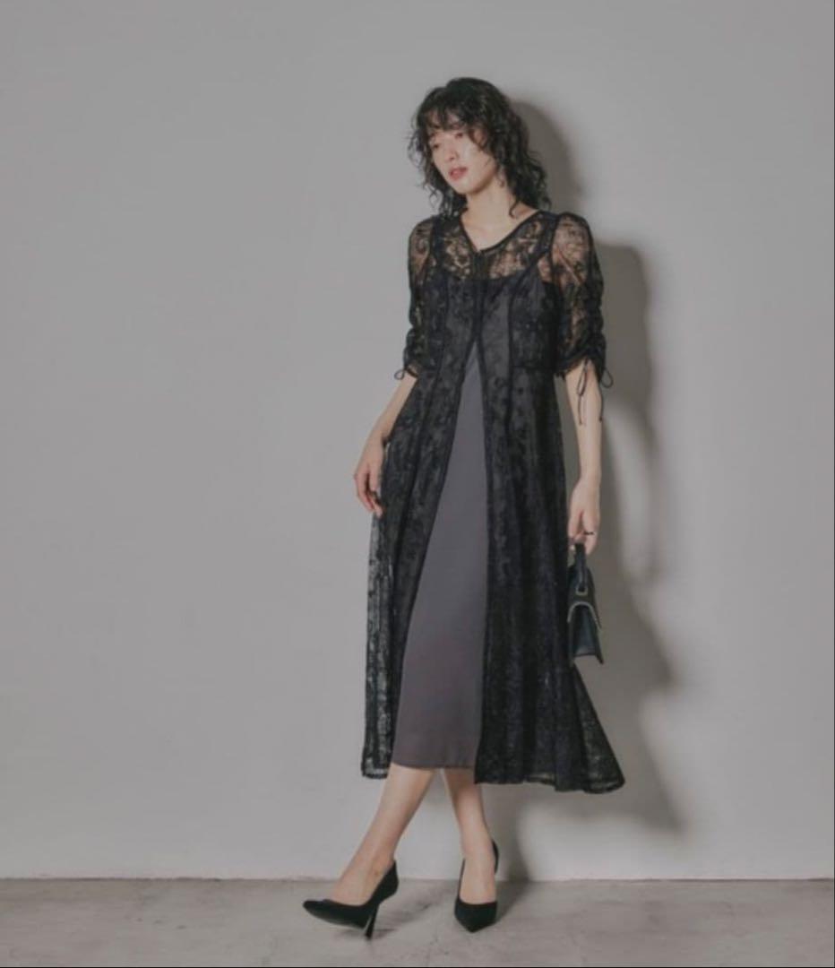 【niana】刺繍レースロングカーデキャミワンピセットドレス