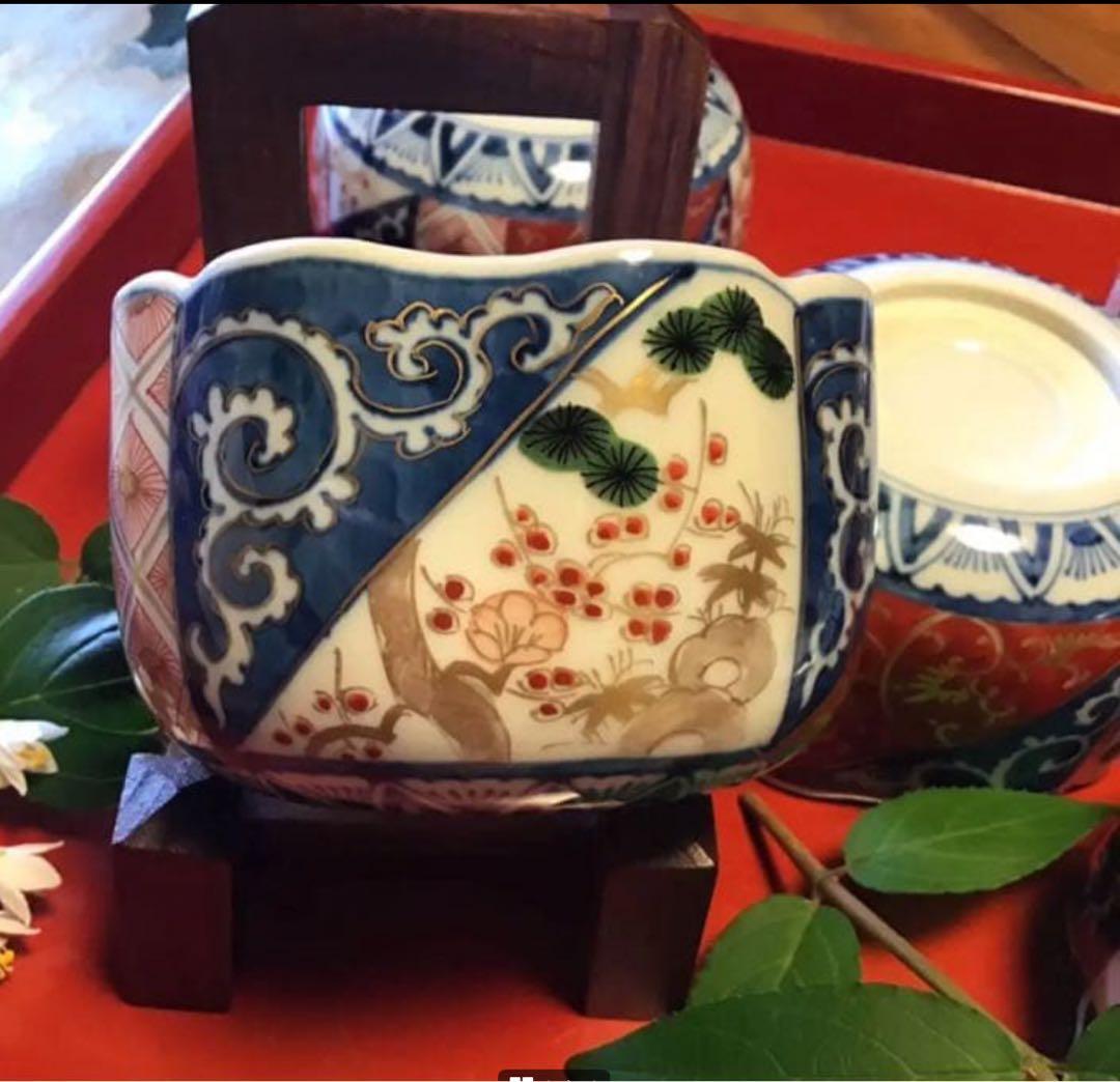 A1058古伊万里　最上手　染錦手　逆蛸唐草　松竹梅　波縁形鉢　向付　5客