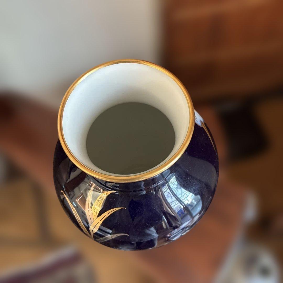 大倉陶園　瑠璃色の花瓶　鷺