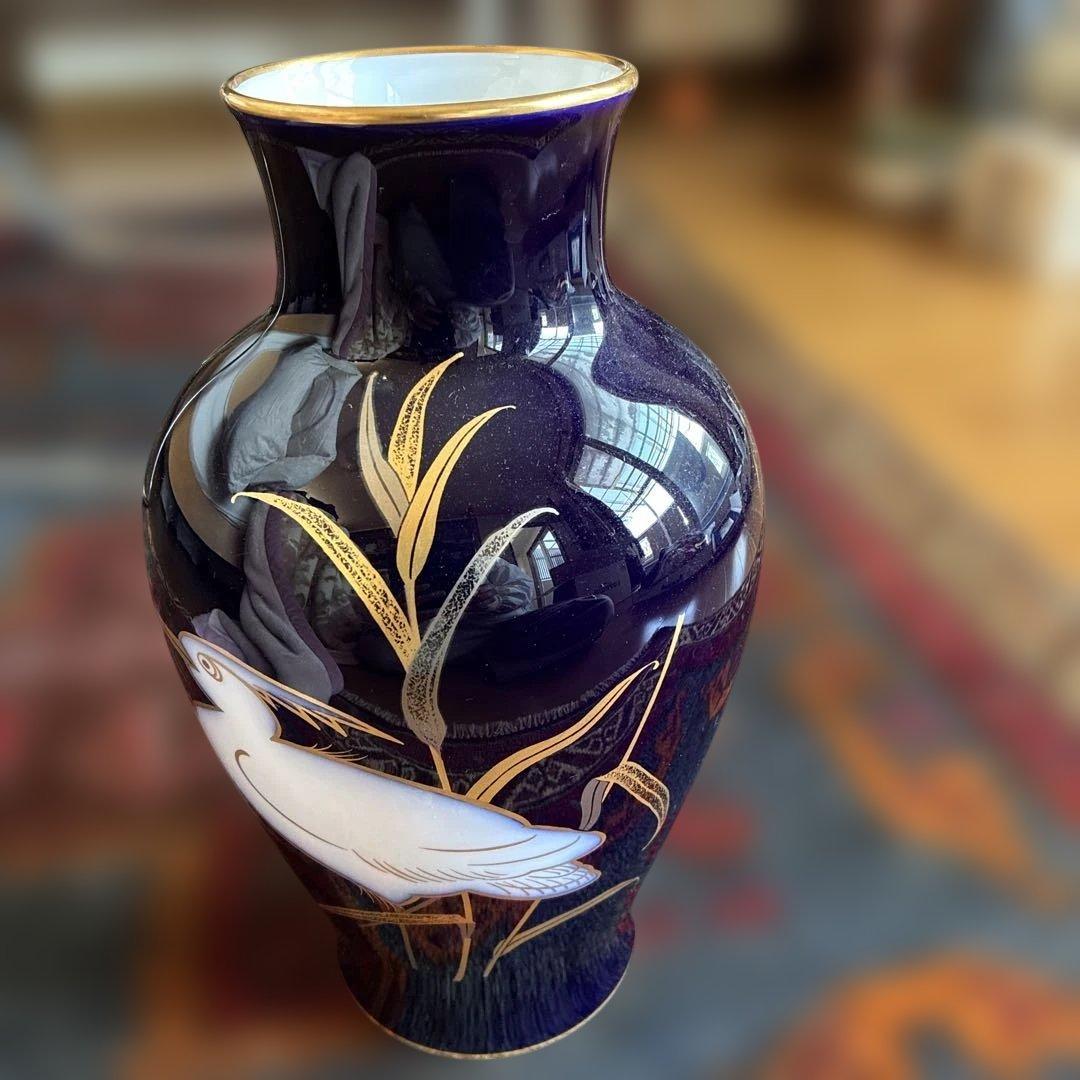 大倉陶園　瑠璃色の花瓶　鷺