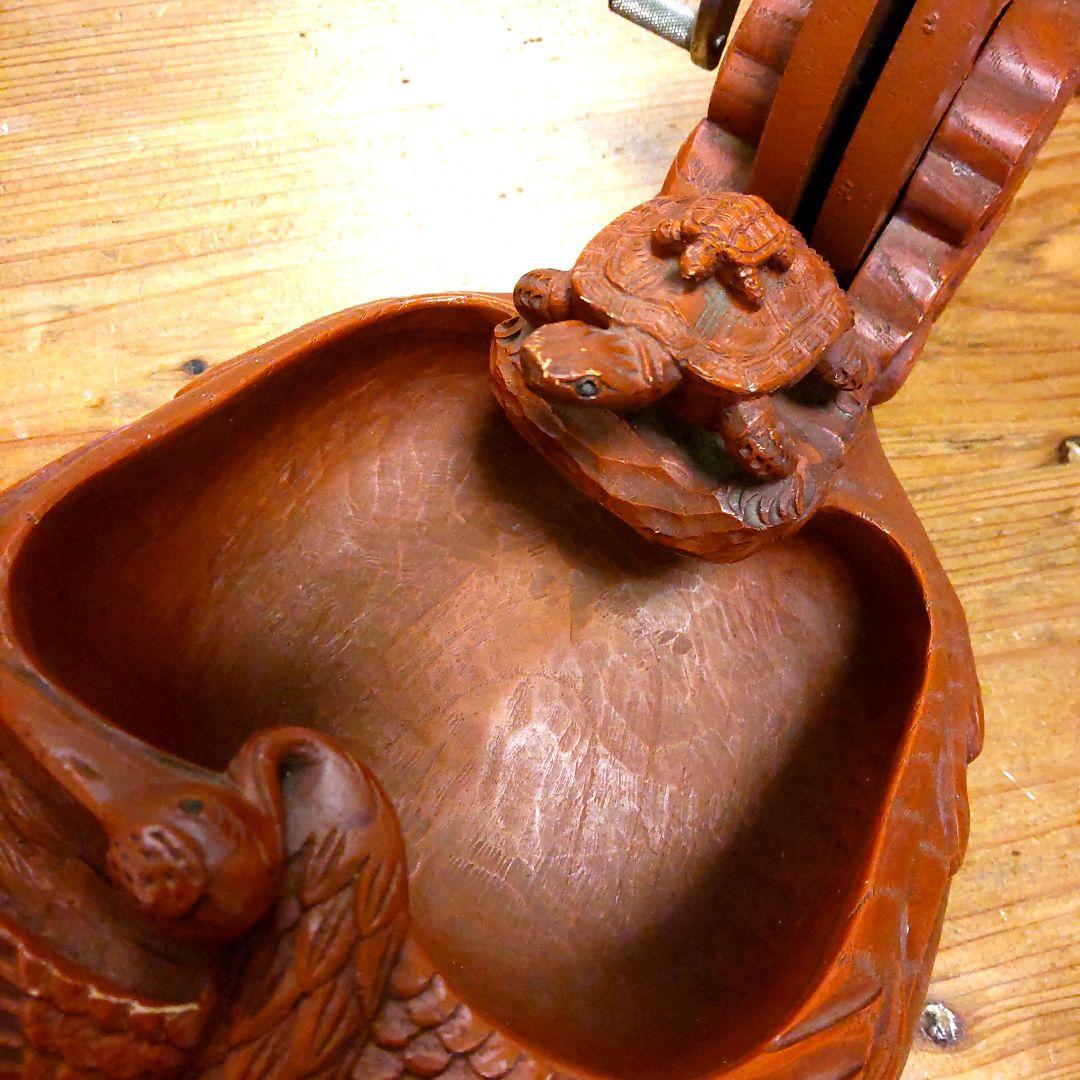 彫辰作 鶴亀彫 親子亀 墨壷 骨董 在銘 工芸品木製彫刻 装飾品 大工道具 墨坪