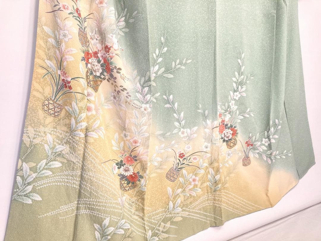 未使用 四季の花々 絞り 手描き友禅 訪問着 黄緑 黄色 パステル 1402