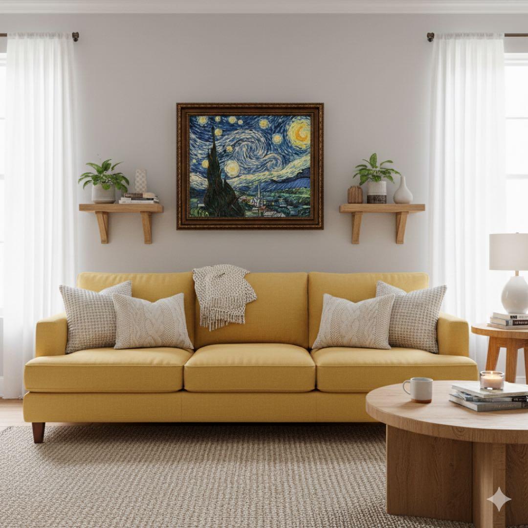 ★秀作★ 手書き油絵 ゴッホ 星月夜 額付 肉筆絵画 油彩画