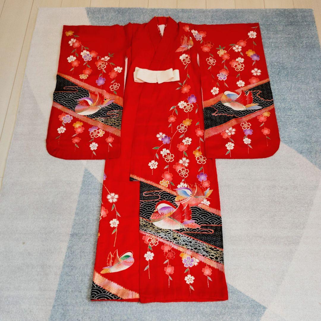 七五三 6歳 7歳 正絹 着物 帯 バッグ 草履 小物セット 赤 古典柄
