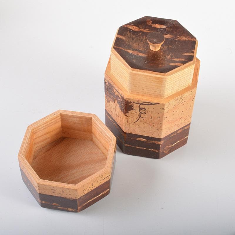 茶道具　桜皮細工　木地本けやき　八角茶筒　茶合　御茶筒　三点　共箱　V　5718