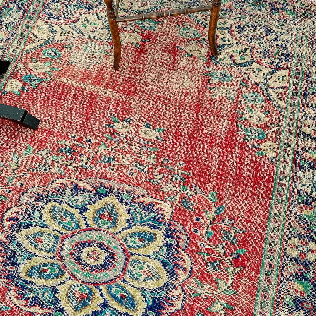 トルコ ヴィンテージラグ A89 超大判 レア レッド ターコイズ ネイビー