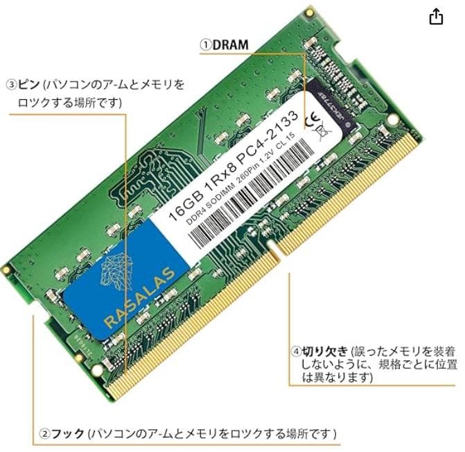 メモリー Rasalas 16GB DDR4 SO-DIMM PC4-2133