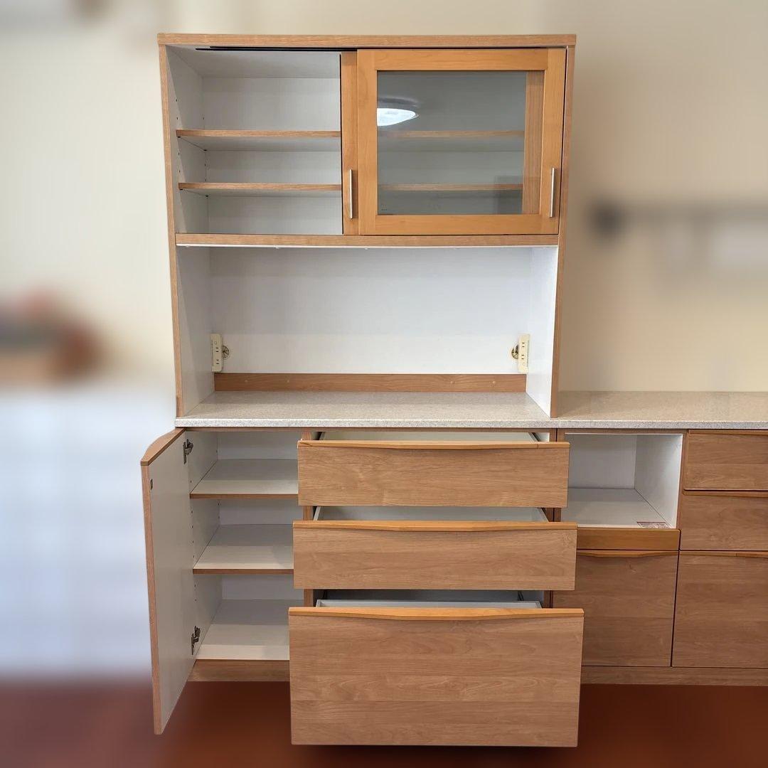 美品！堀田木工オープン食器棚ナチュラル木目調 食器棚 強化ガラス扉 カップボード