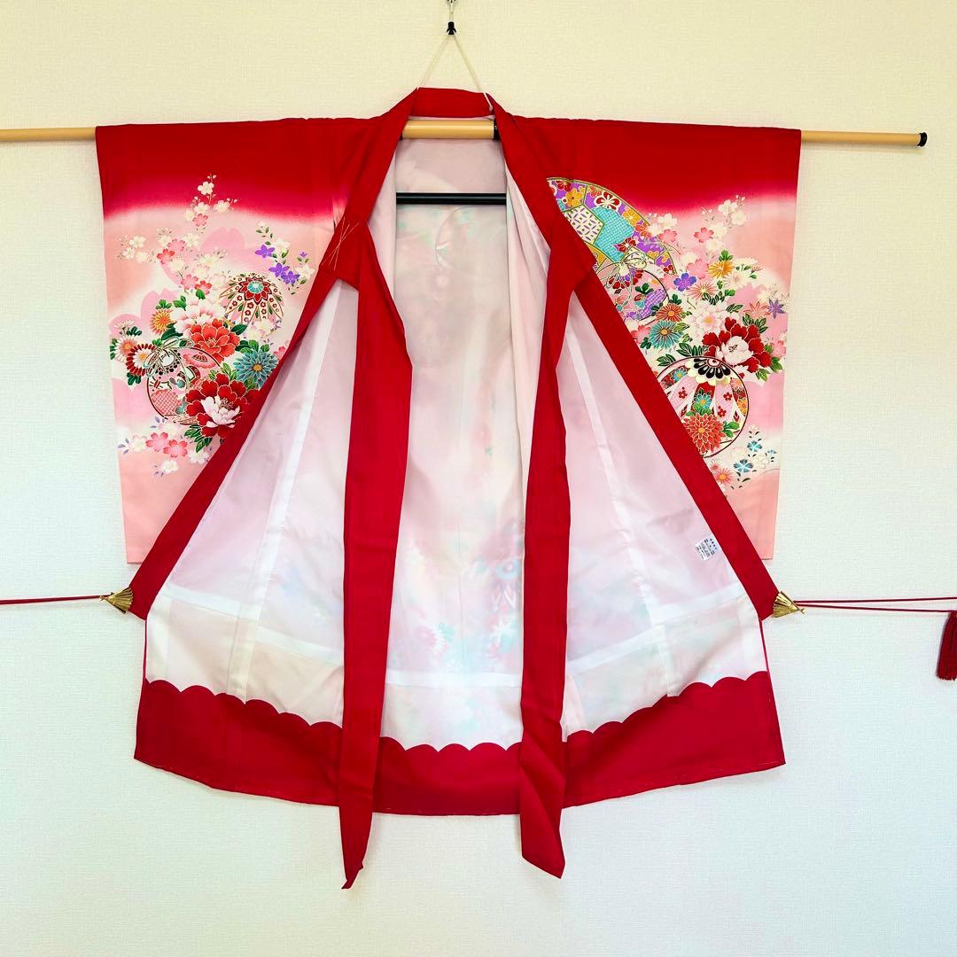 着物　お宮参り　産着　祝着　赤　ピンク　鞠　四季草花　金駒刺繍　女の子　襦袢付き