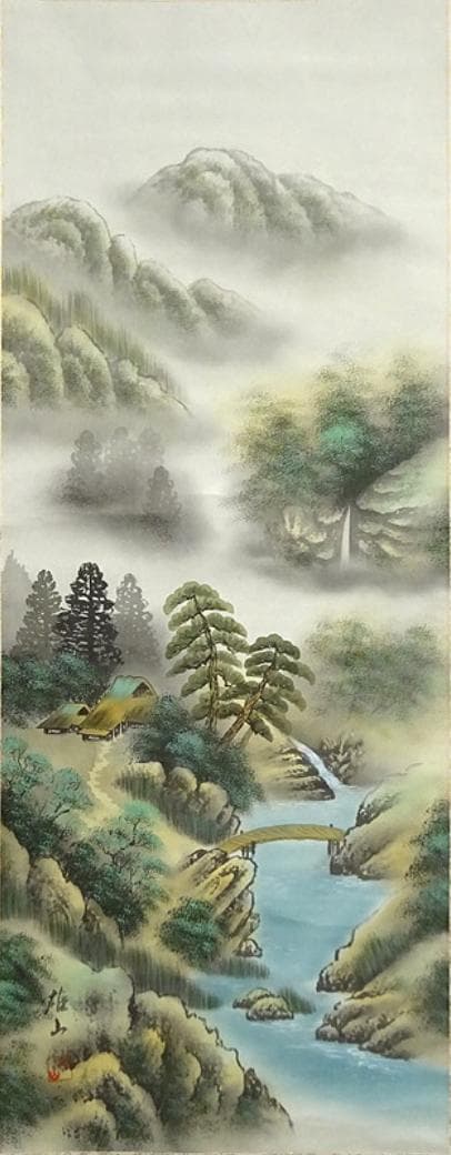 掛軸 小林雄山『彩色山水図』日本画 絹本 肉筆 共箱付 掛け軸 a033112