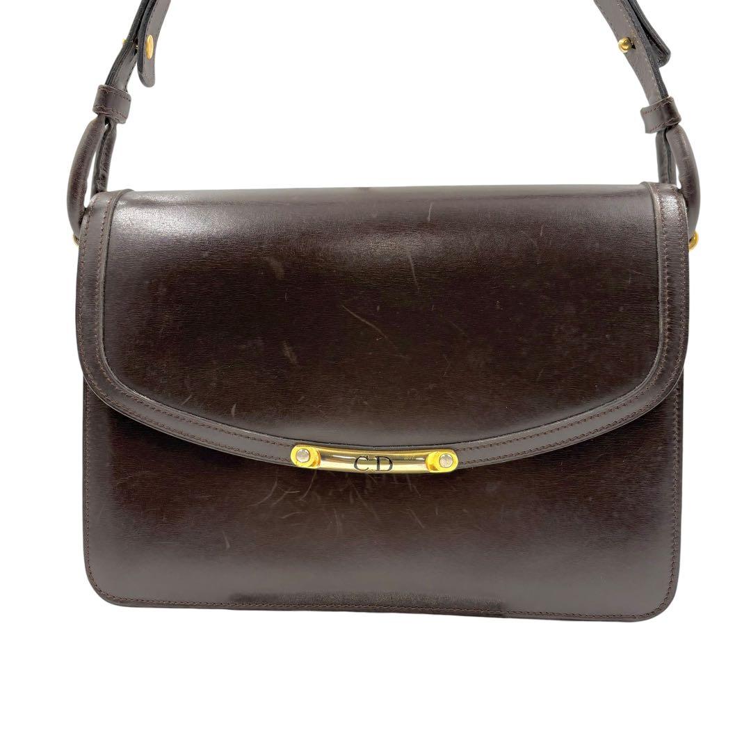 レア クリスチャンディオール ショルダーバッグ レザー ブラウン ゴールド金具