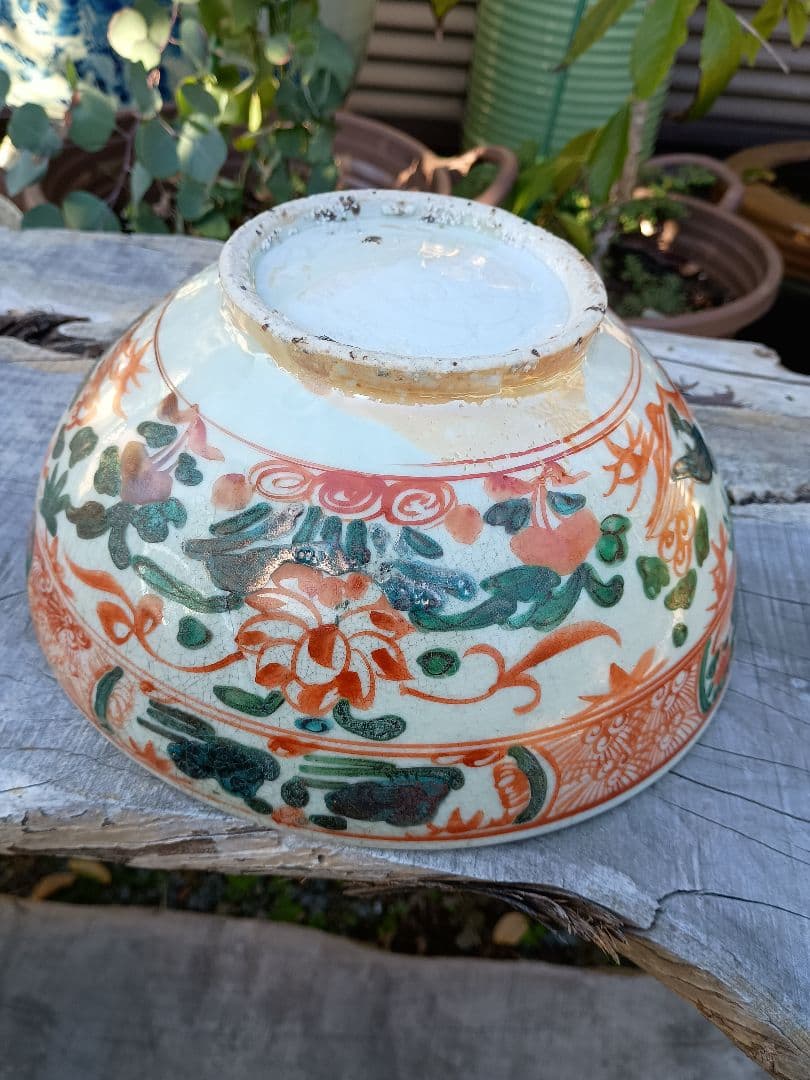 明末清初 呉須赤絵 見込み花図大鉢