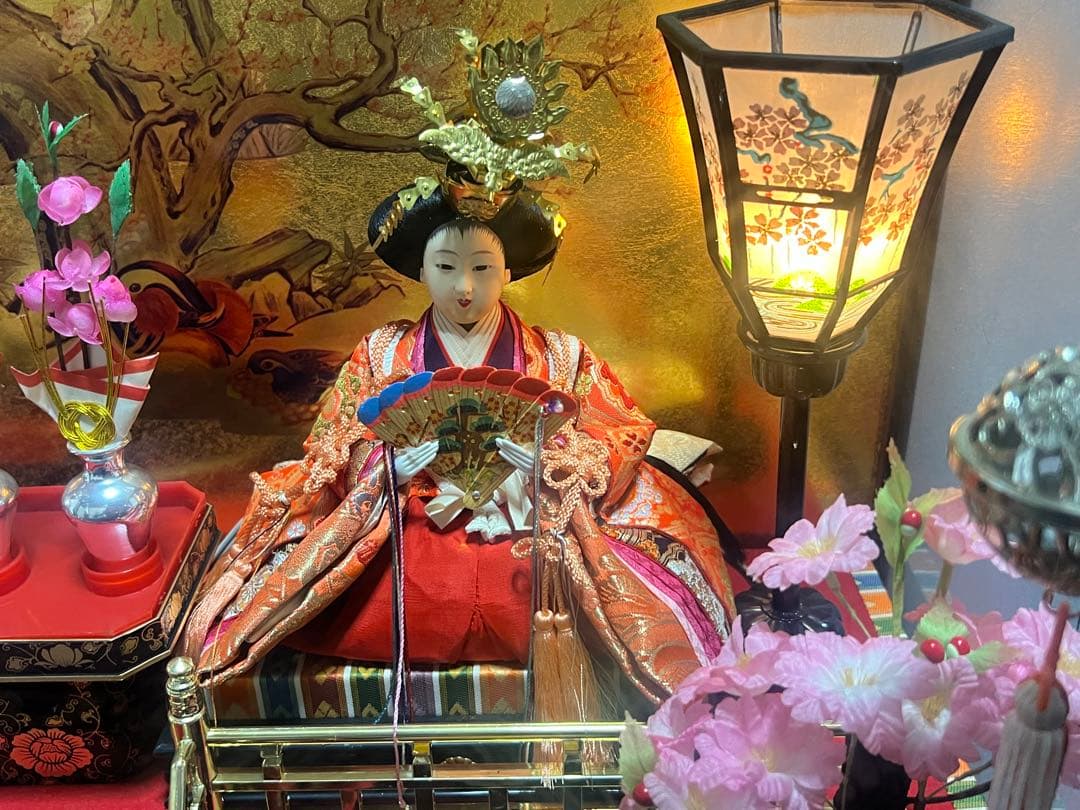 雛人形　親王飾　2人飾り　ガラスケース　オルゴール　元箱有　75×58×36cm