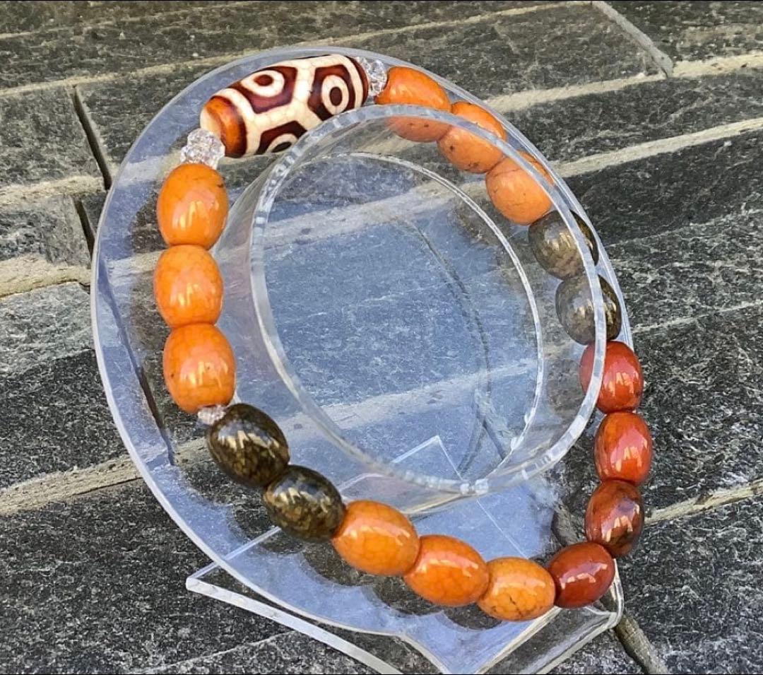 ✳️台湾上肯製　亀甲赤龍紋天珠*赤龍紋天珠玉*奈留島水晶　本物瑪瑙　鑑別書付‼️