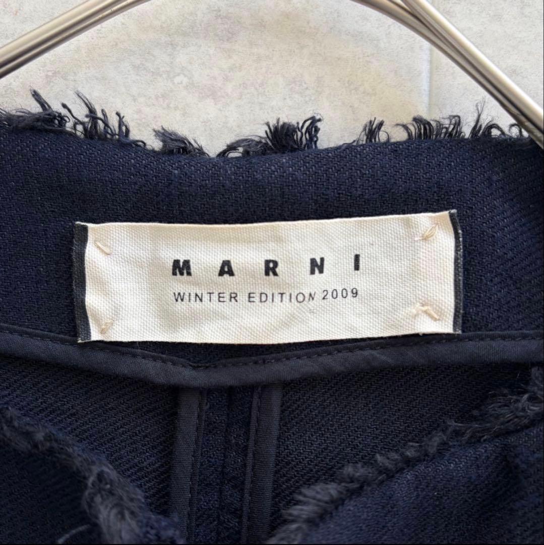 マルニ コットン リネン ノーカラー ジャケット ネイビー XL