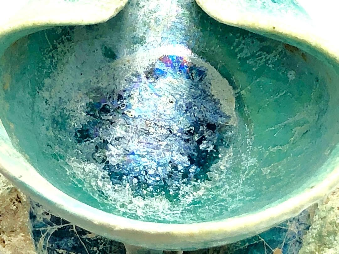 【 ペルシャ古陶 】 出土灯火器 青釉銀化 イスラム陶