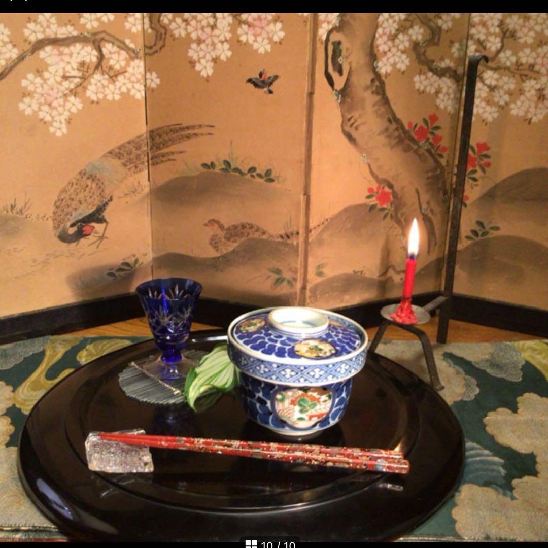 A1032 古伊万里染錦手　唐草　窓絵山水紋様　蓋茶碗　1客