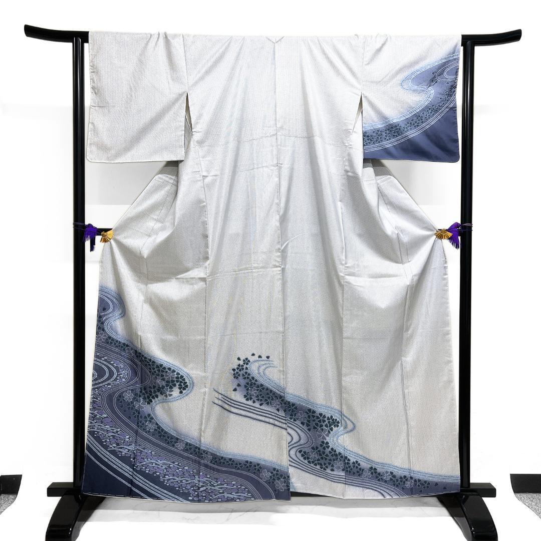 訪問着　白大島紬　藍染　絞り　流水　桜　水玉　着物　115b d ms