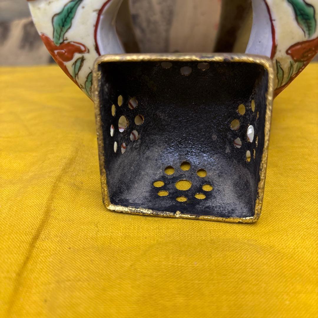 古色絵牡丹紋香炉　金蓋？鍍金？ 時代箱