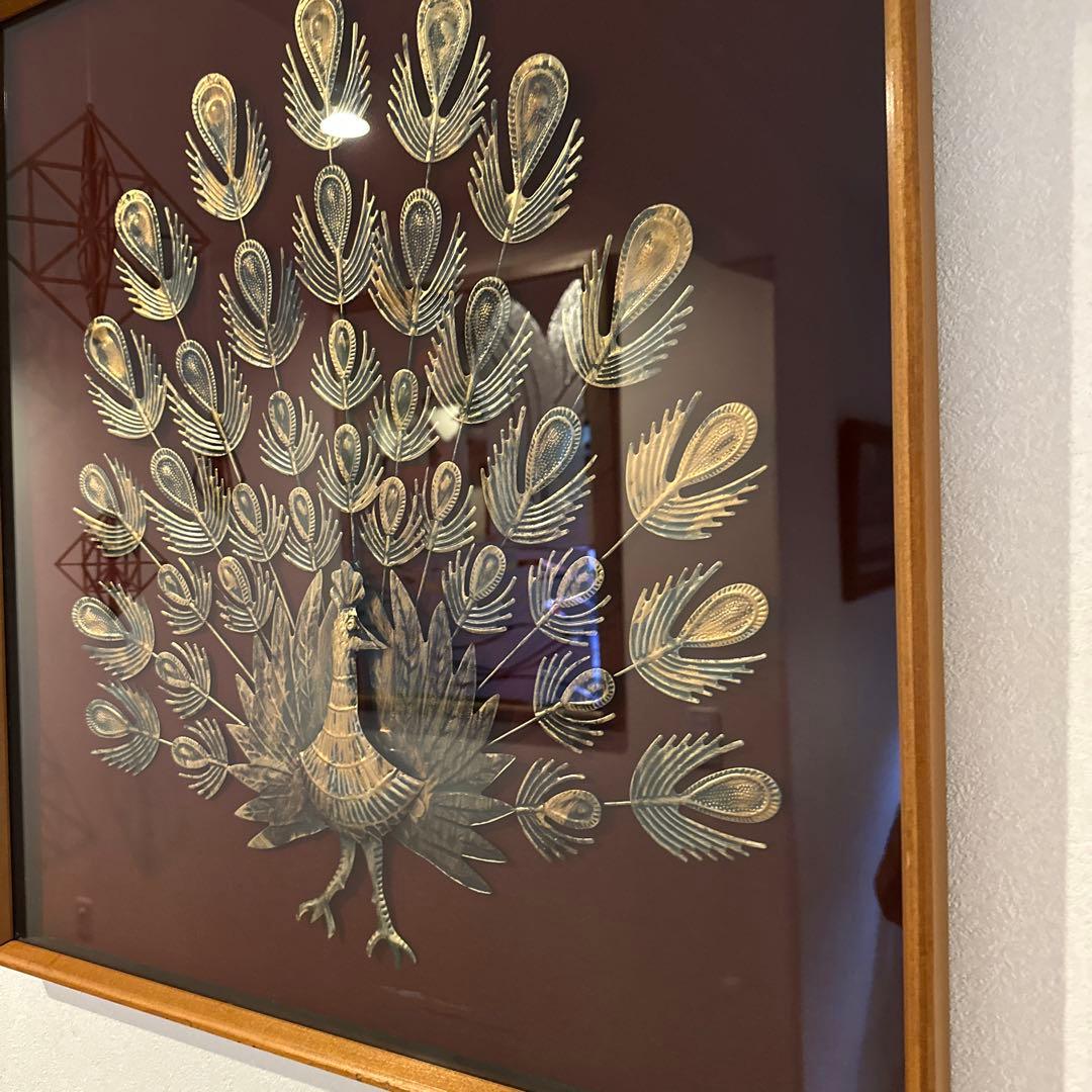 貴重　イタリア製　ビンテージ　孔雀アート作品 木製フレーム　ミッドセンチュリー