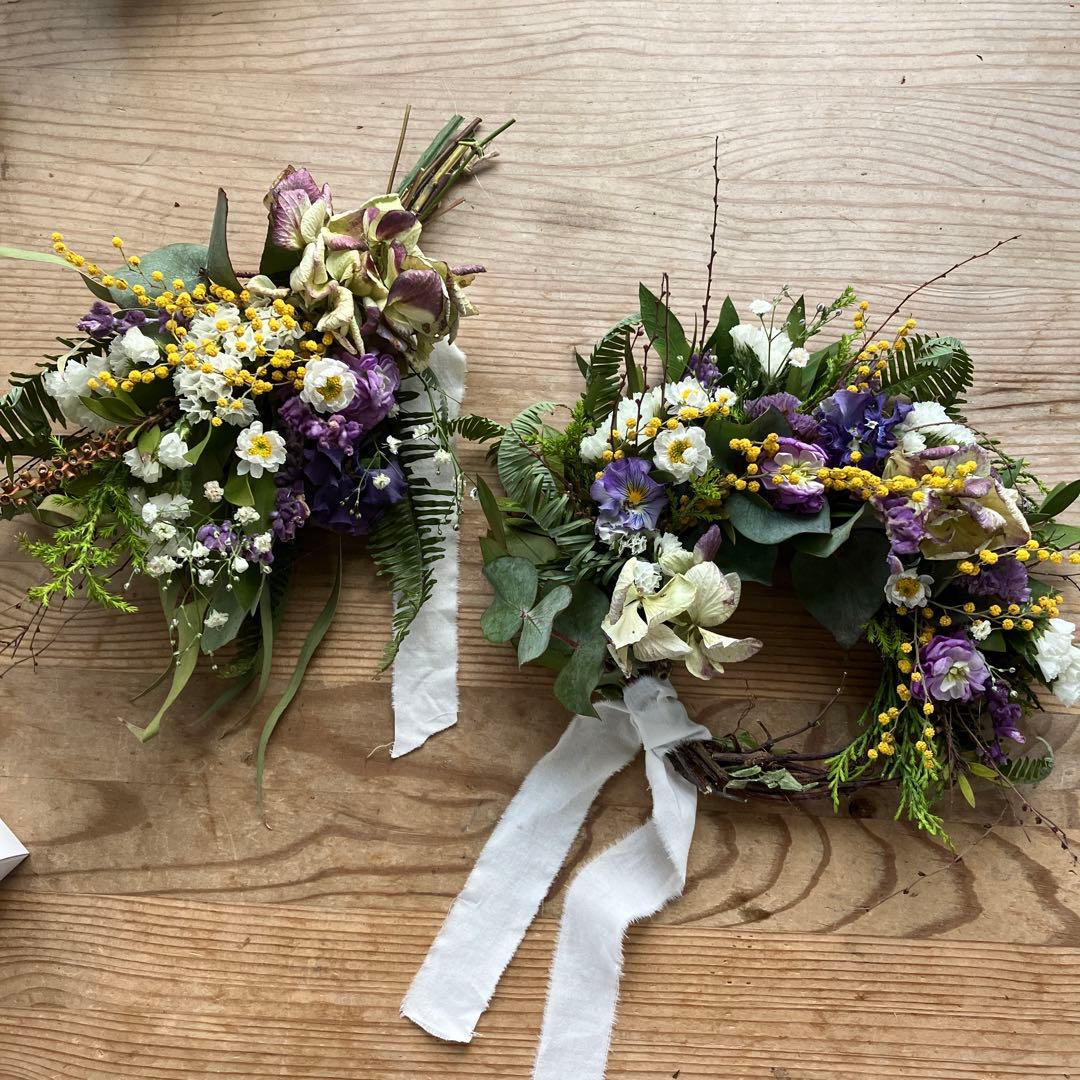 お得なセット　ミモザとアンティーク紫陽花のリース＆スワッグセット　春　ストック