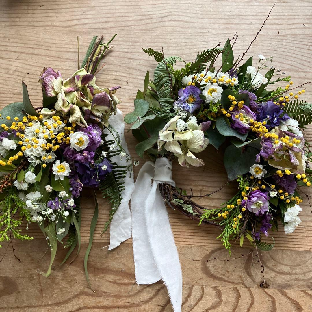 お得なセット　ミモザとアンティーク紫陽花のリース＆スワッグセット　春　ストック