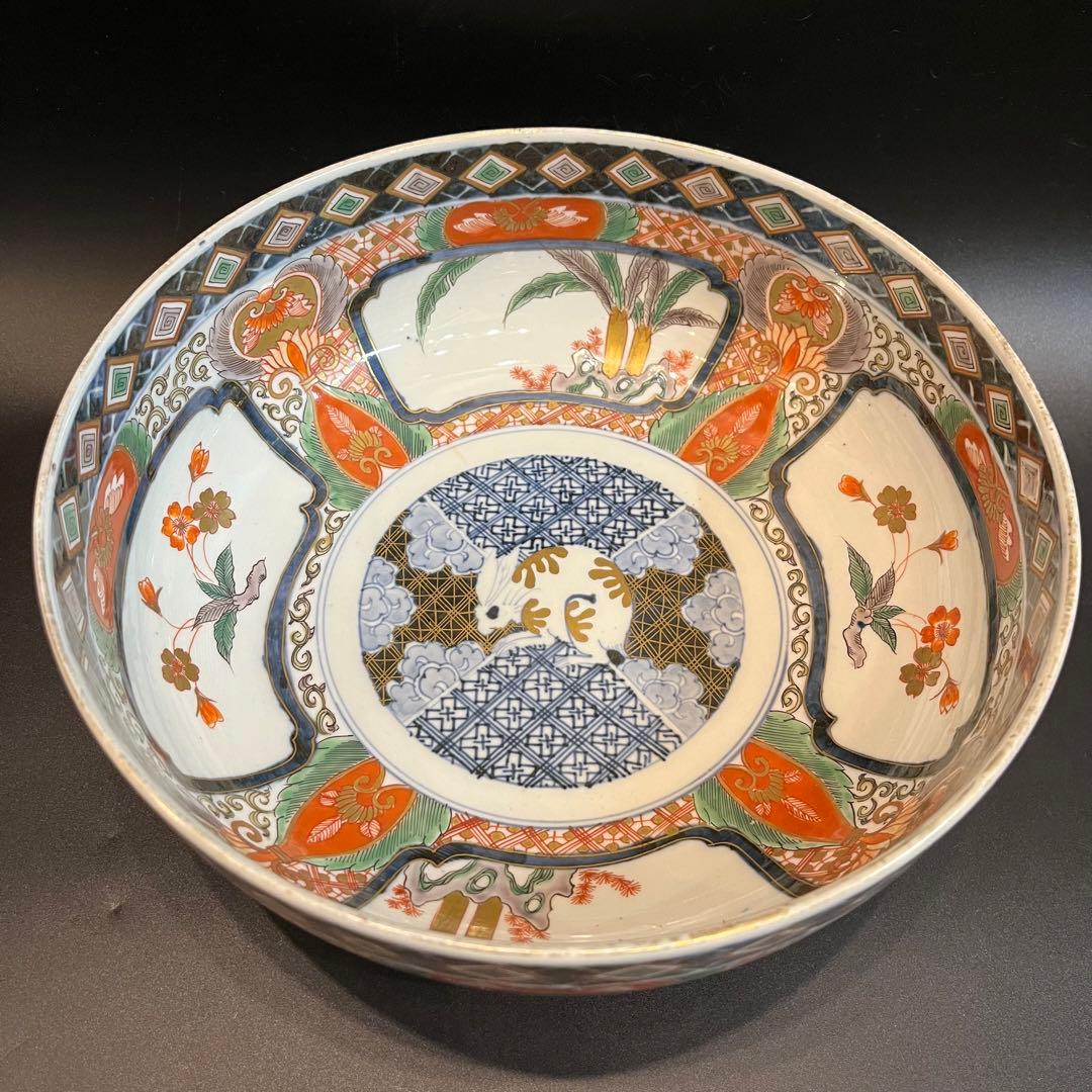 有田焼 古伊万里 冨貴長春 赤絵大鉢 兎 大丼 深鉢 江戸時代 古美術品 骨董品