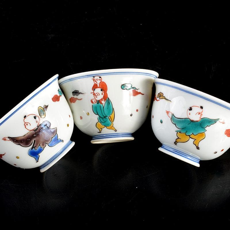 九谷焼　堀江青光作　色絵唐子文　波出茶碗　10客　共箱　V　6232C