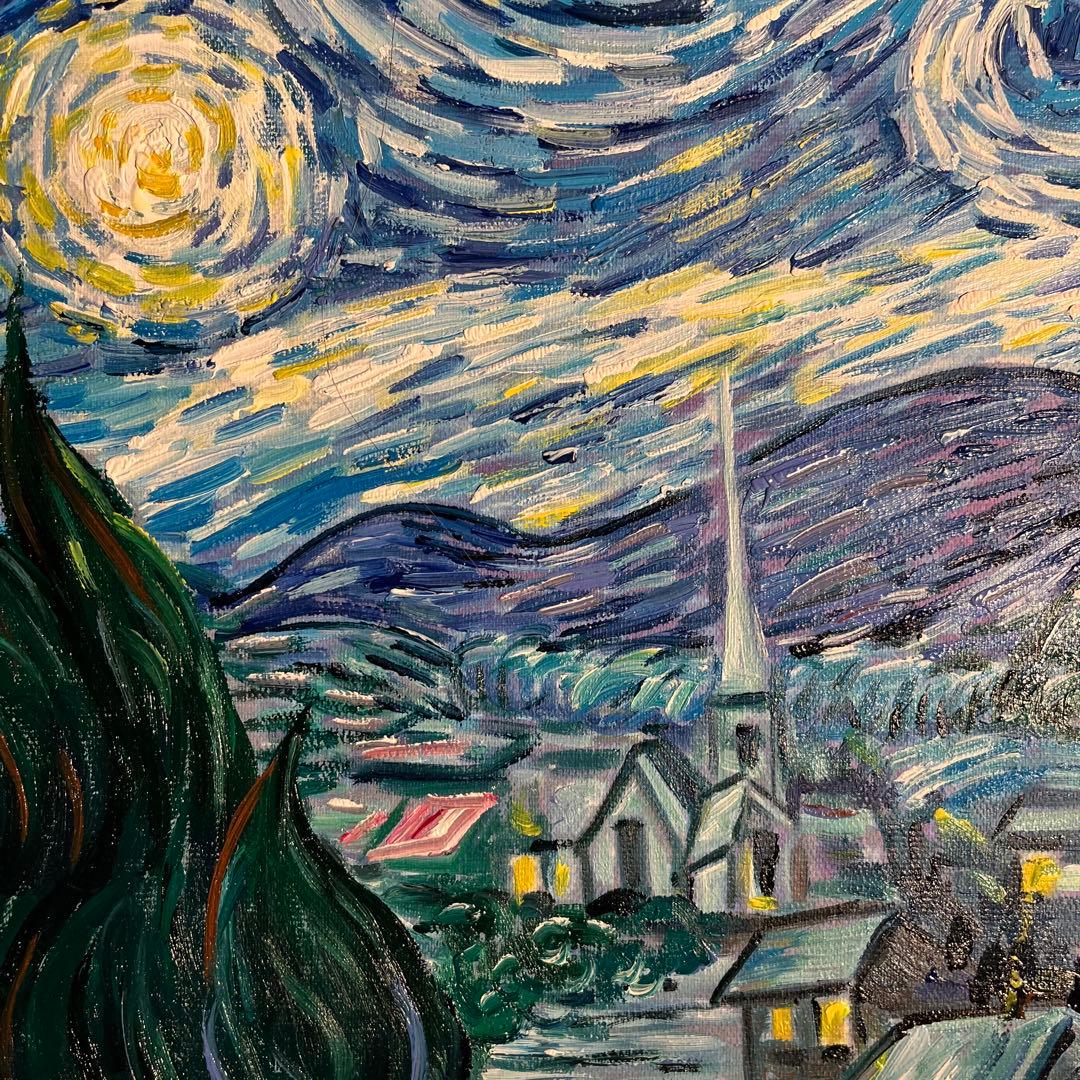 ★秀作★手書き油絵 ゴッホ 星月夜 額付 絵画 インテリア 油彩画